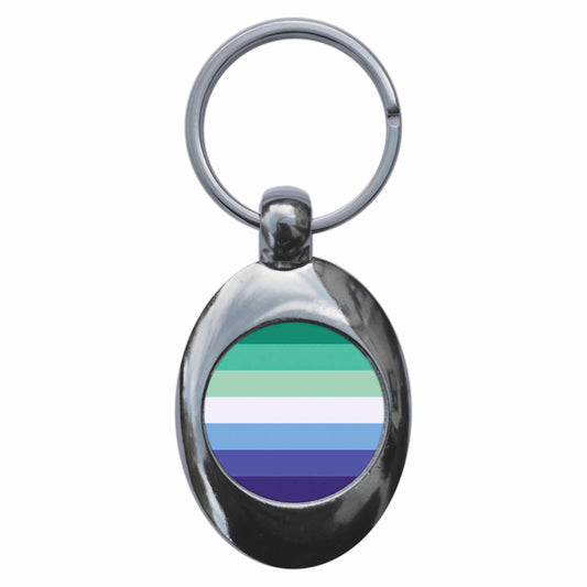 A picture of the front of the product, titled Gay Male Pride Flag Metal Keyring With Trolley Coin