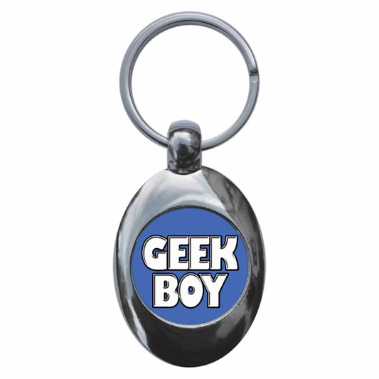A picture of the front of the product, titled Geek Boy Metal Keyring With Trolley Coin