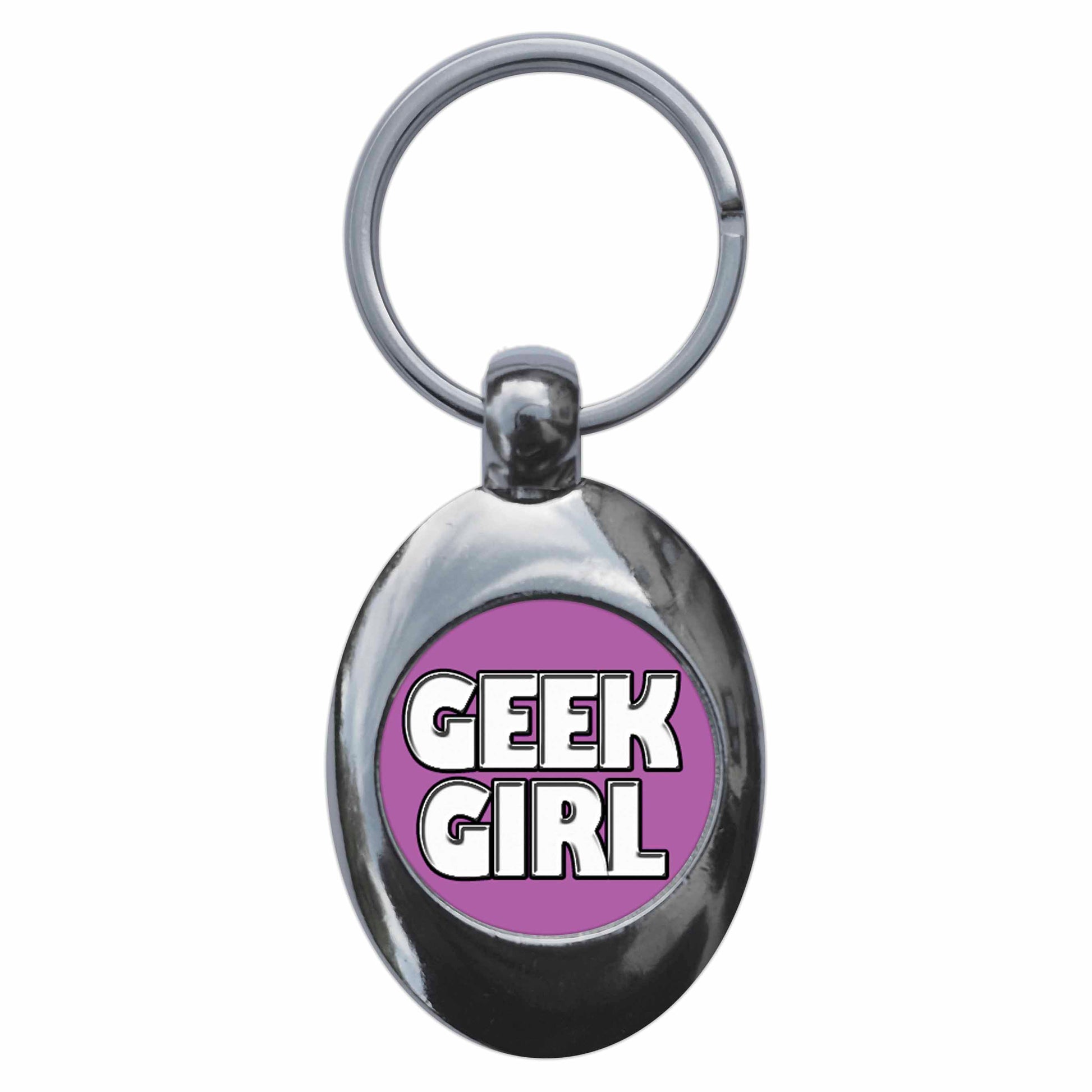 A picture of the front of the product, titled Geek Girl Metal Keyring With Trolley Coin