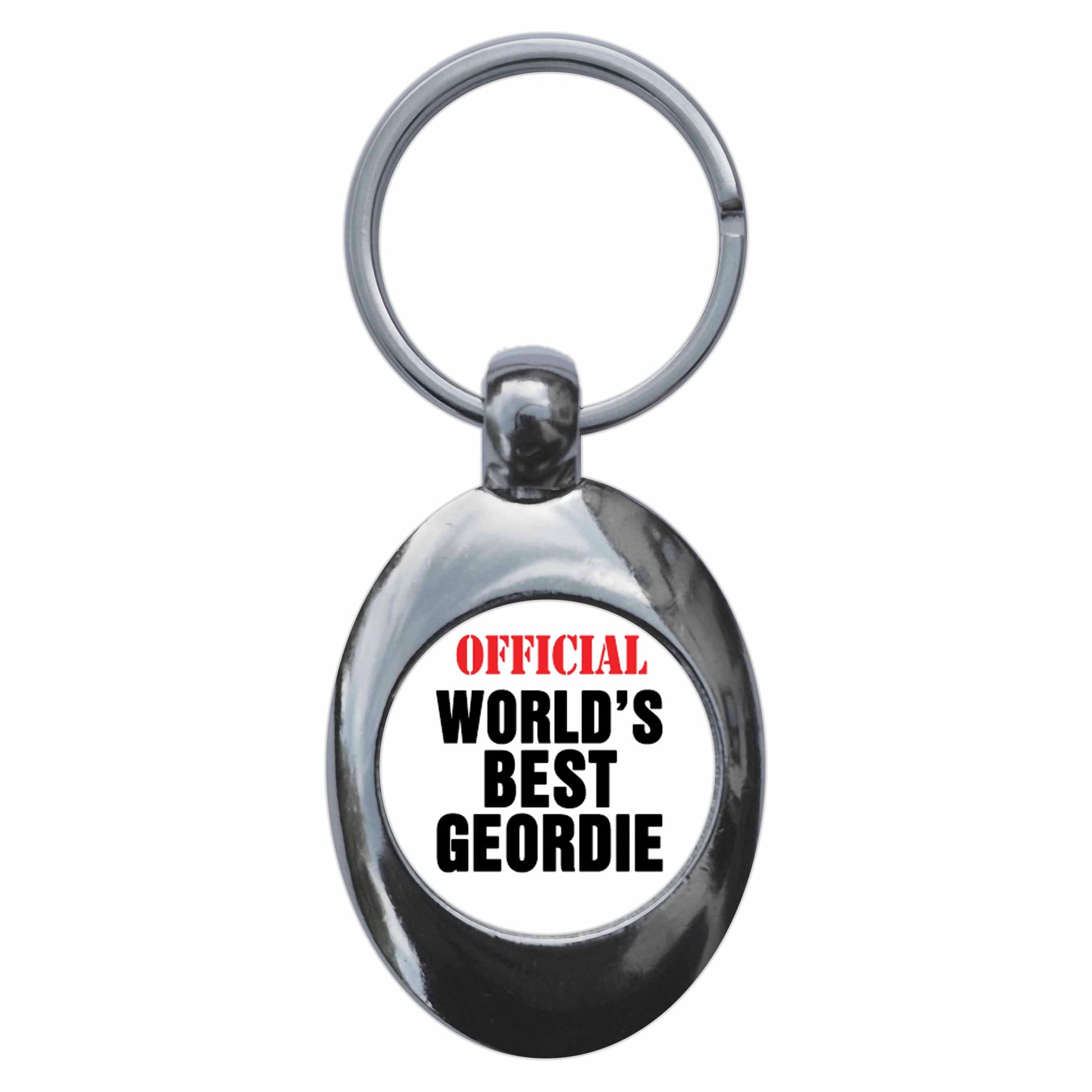 A picture of the front of the product, titled Official World's Best Geordie Metal Keyring With Trolley Coin