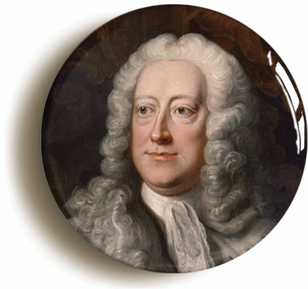 A picture of the front of the product, titled King George II Portrait Button Pin Badge