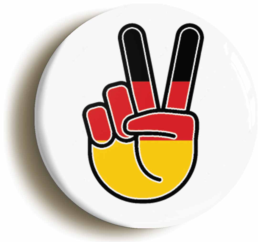 A picture of the front of the product, titled Germany German National Flag Peace Sign V Button Pin Badge