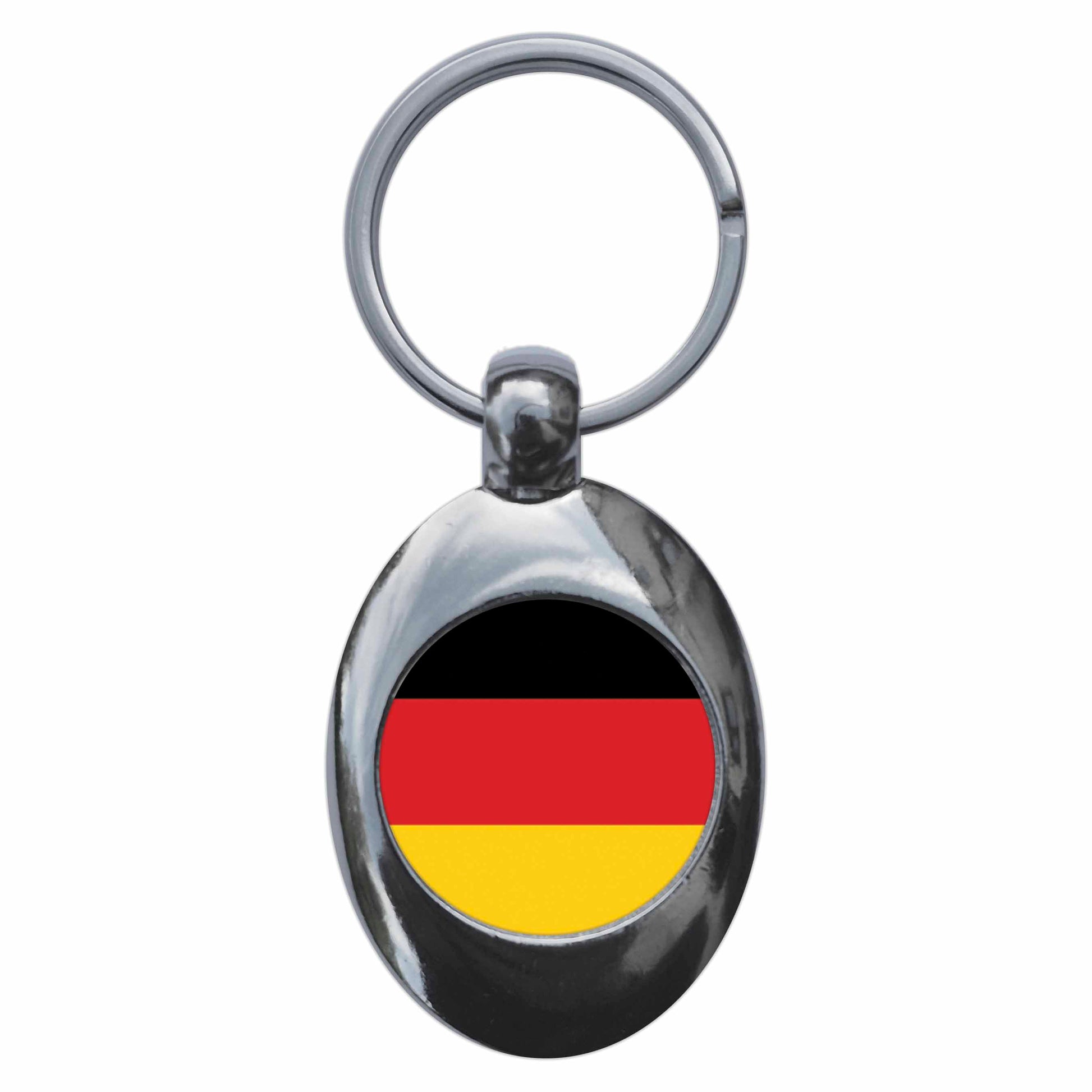 A picture of the front of the product, titled Germany German National Flag Metal Keyring With Trolley Coin