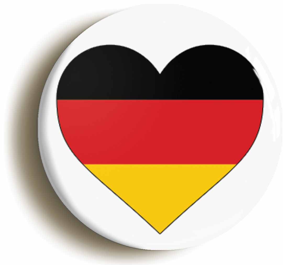 A picture of the front of the product, titled Germany German Flag Heart Button Pin Badge