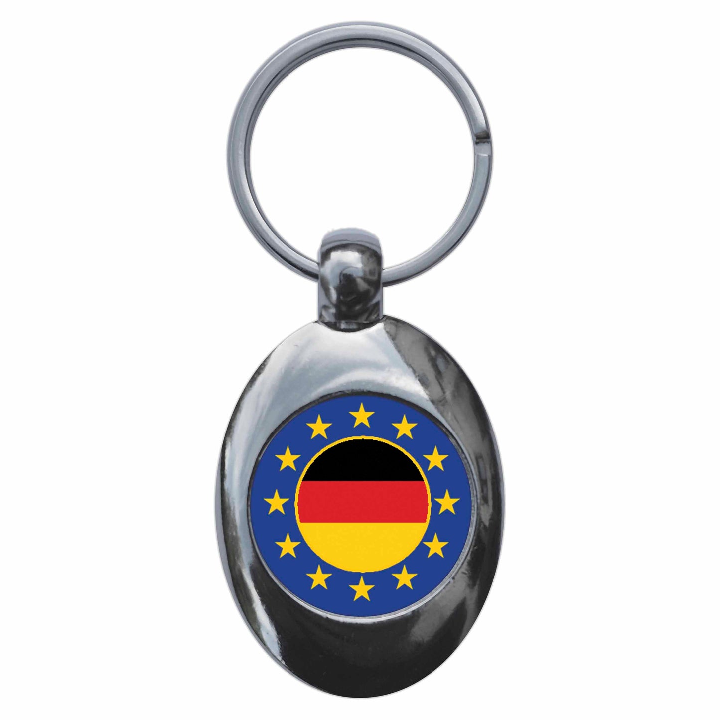 A picture of the front of the product, titled Germany European Union Split Flag Metal Keyring With Trolley Coin