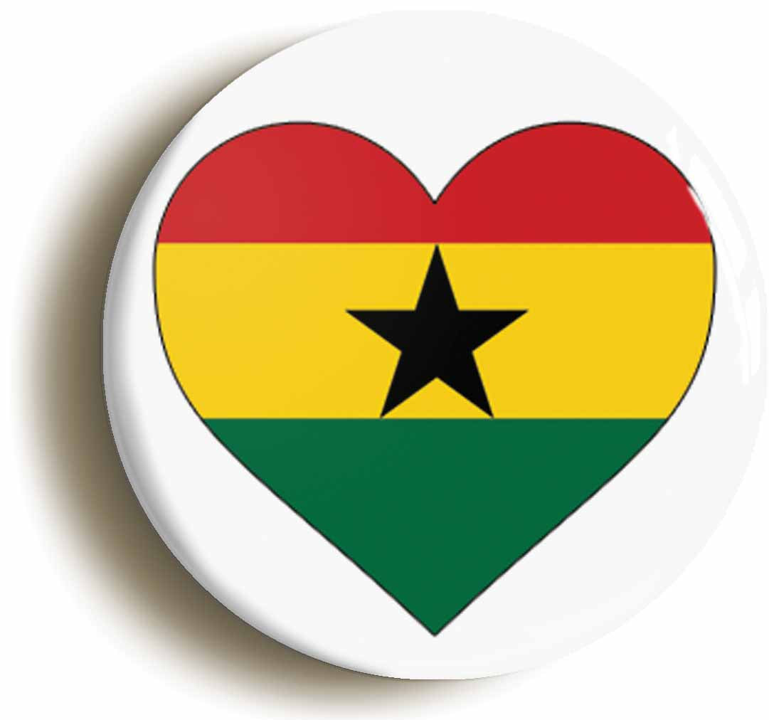 A picture of the front of the product, titled Ghana Ghanaian Flag Heart Button Pin Badge