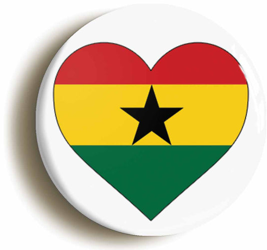 A picture of the front of the product, titled Ghana Ghanaian Flag Heart Button Pin Badge