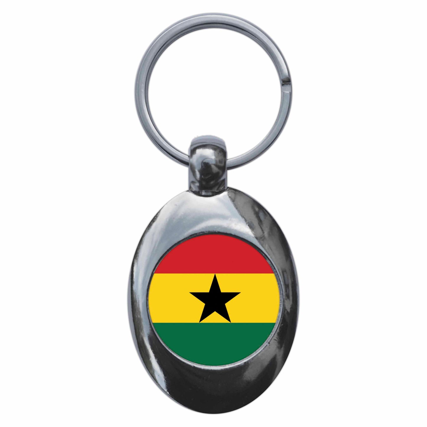 A picture of the front of the product, titled Ghana Ghanaian National Flag Metal Keyring With Trolley Coin