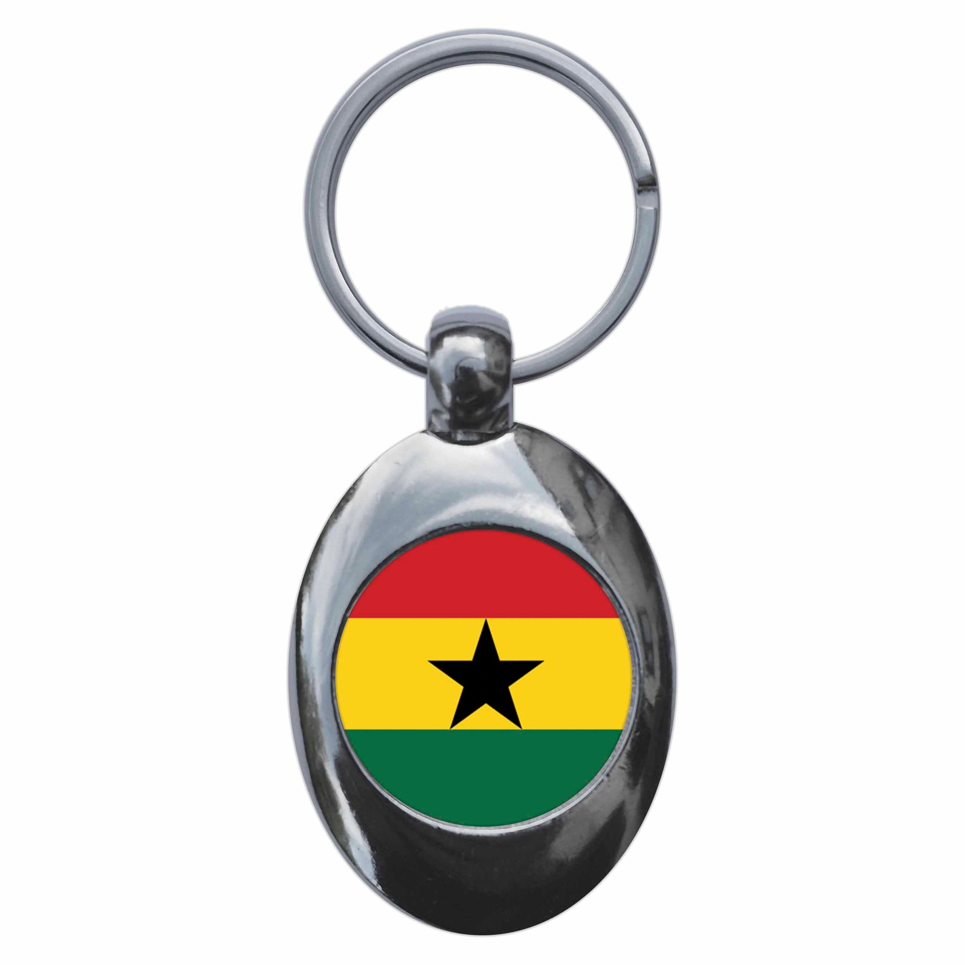 A picture of the front of the product, titled Ghana Ghanaian National Flag Metal Keyring With Trolley Coin