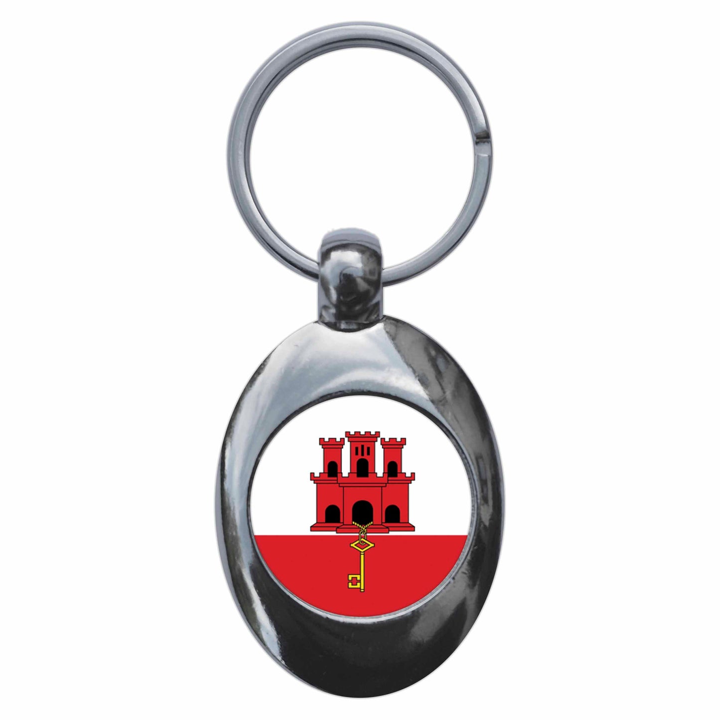 A picture of the front of the product, titled Gibraltar Flag Metal Keyring With Trolley Coin