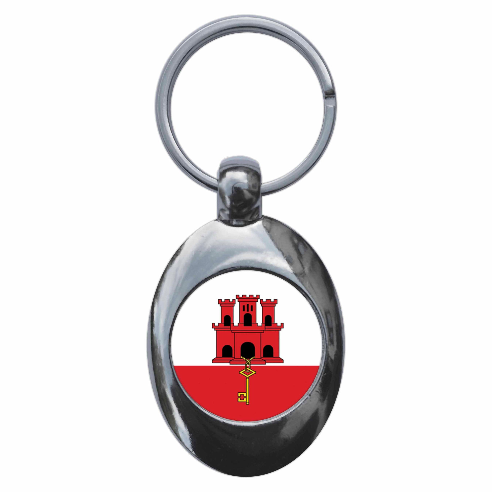 A picture of the front of the product, titled Gibraltar Flag Metal Keyring With Trolley Coin