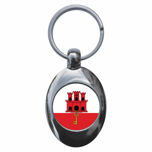 A picture of the front of the product, titled Gibraltar Flag Metal Keyring With Trolley Coin