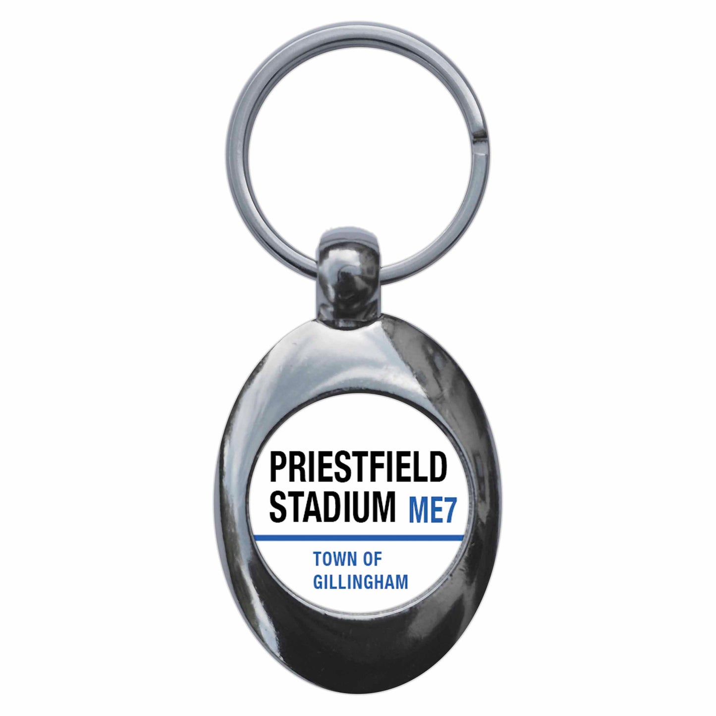 A picture of the front of the product, titled Priestfield Stadium ME7 Gillingham Road Sign Metal Keyring With Trolley Coin
