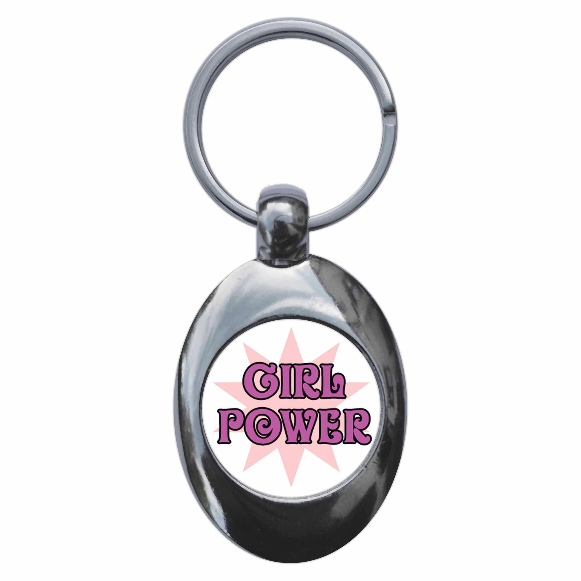 A picture of the front of the product, titled Girl Power Metal Keyring With Trolley Coin