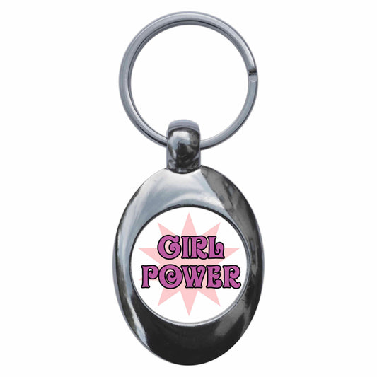 A picture of the front of the product, titled Girl Power Metal Keyring With Trolley Coin