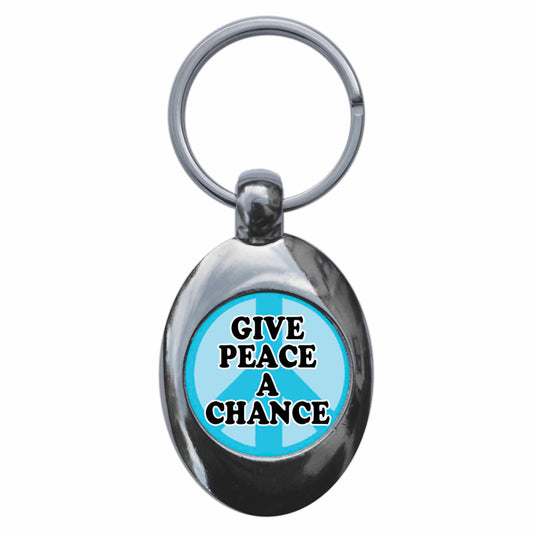 A picture of the front of the product, titled Give Peace A Chance Metal Keyring With Trolley Coin