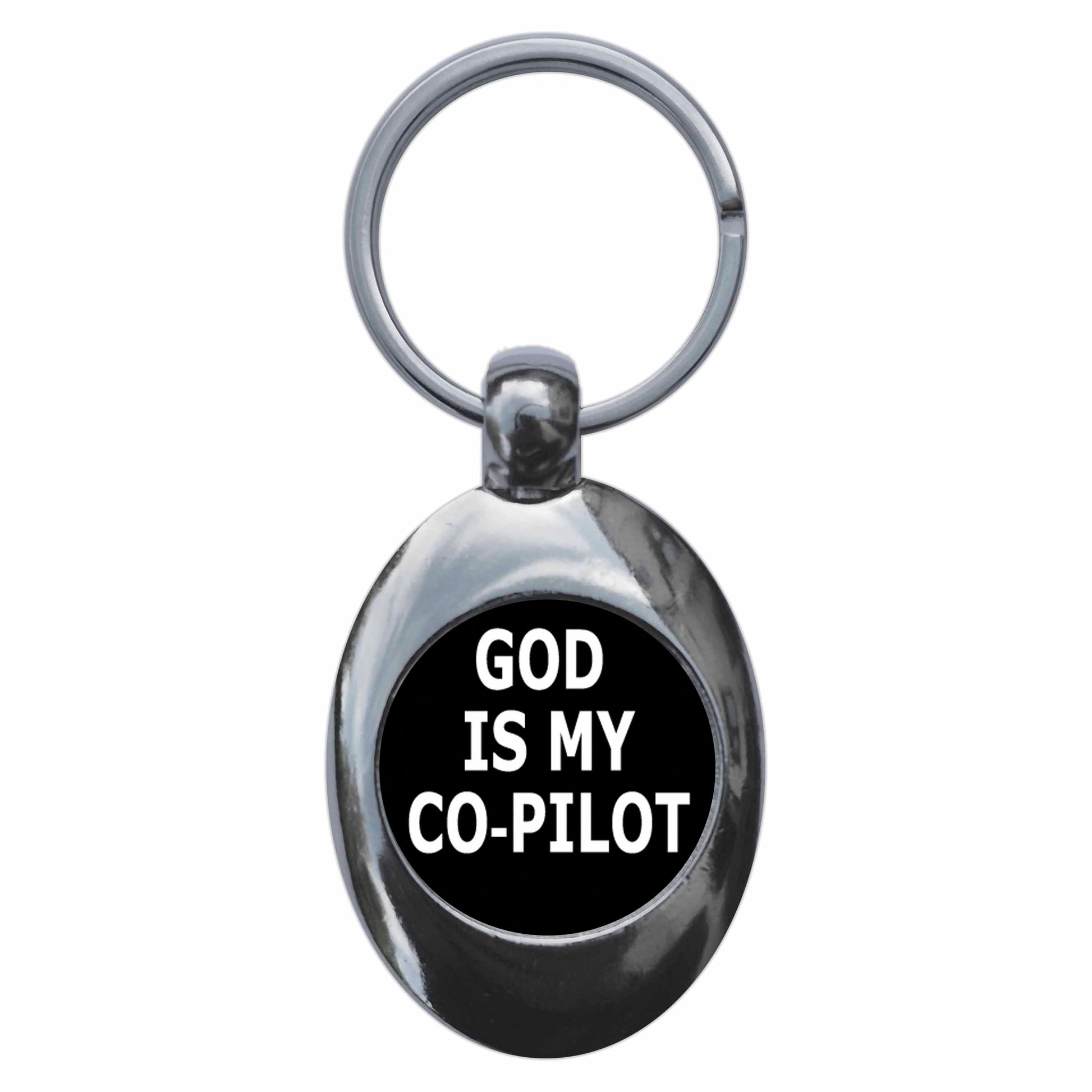 A picture of the front of the product, titled God Is My Copilot Metal Keyring With Trolley Coin