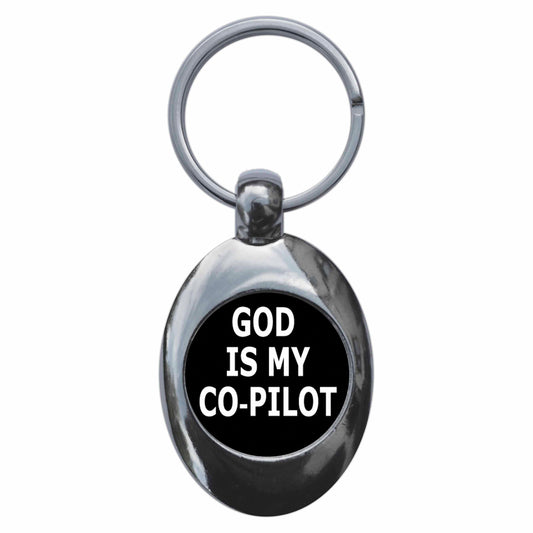 A picture of the front of the product, titled God Is My Copilot Metal Keyring With Trolley Coin