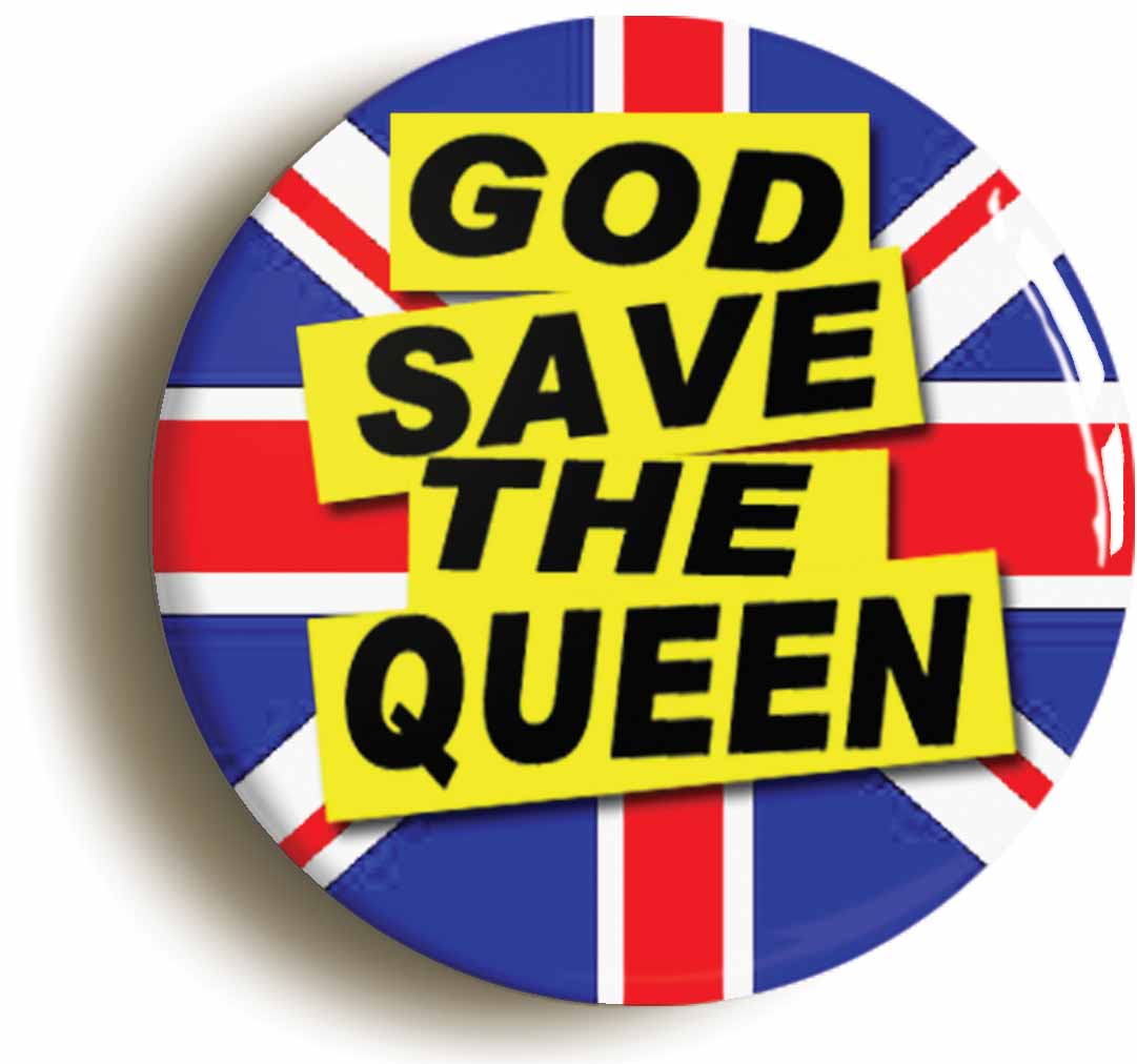 A picture of the front of the product, titled God Save The Queen Punk Button Pin Badge