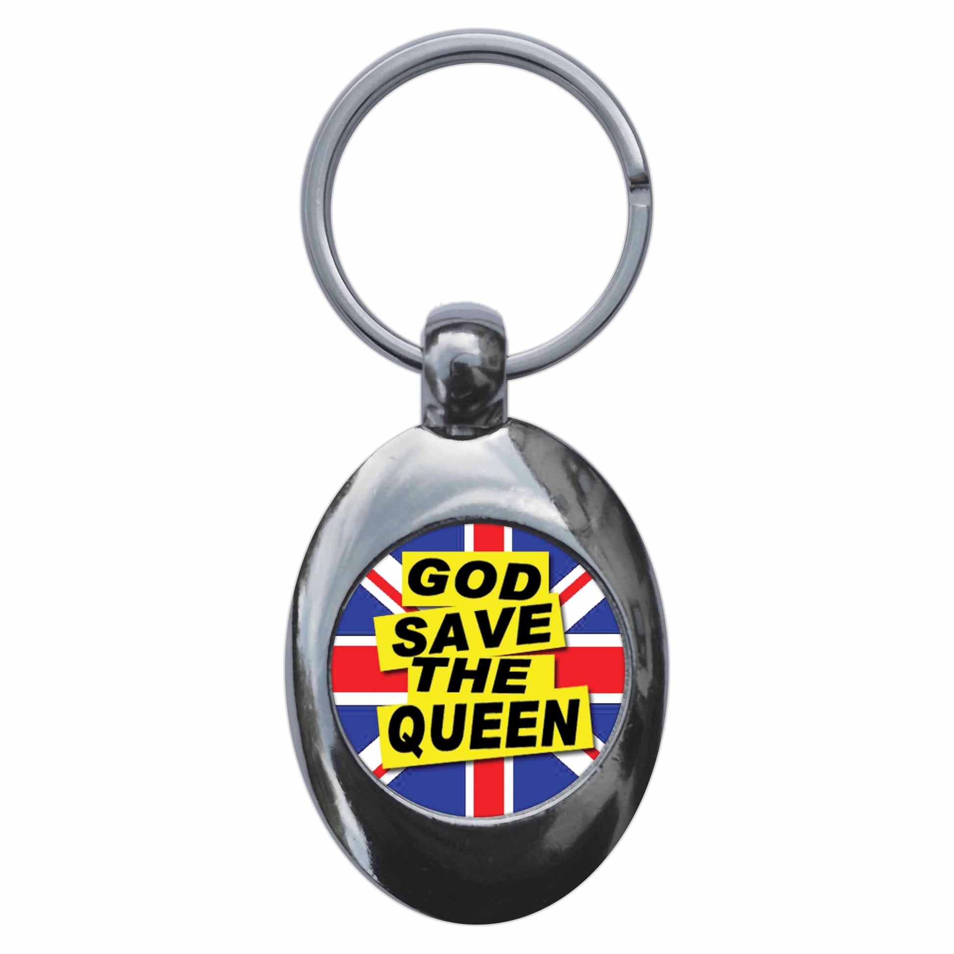 A picture of the front of the product, titled God Save The Queen Punk Metal Keyring With Trolley Coin