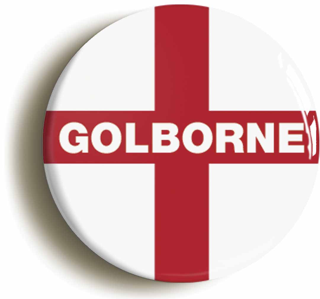 A picture of the front of the product, titled Golborne England Flag Button Pin Badge