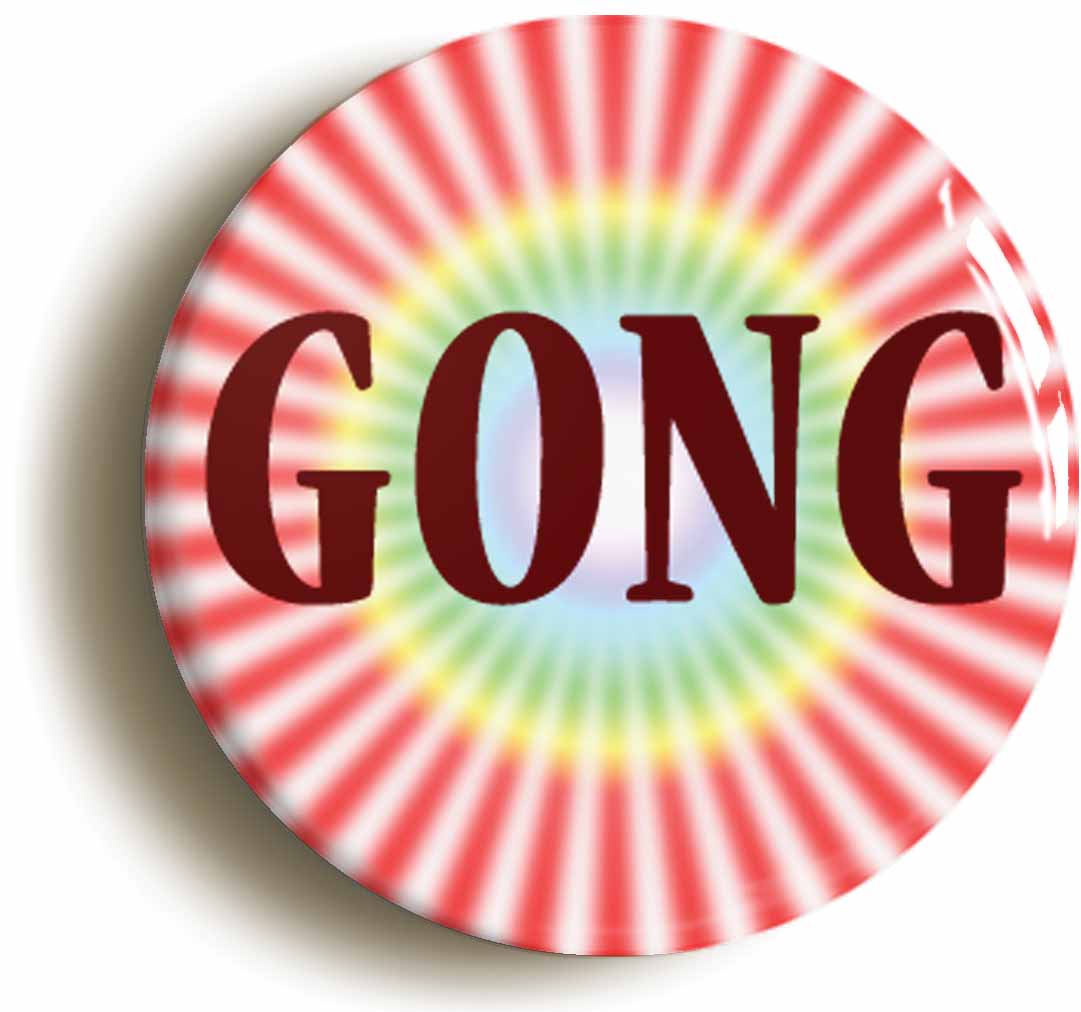 A picture of the front of the product, titled Gong Button Pin Badge