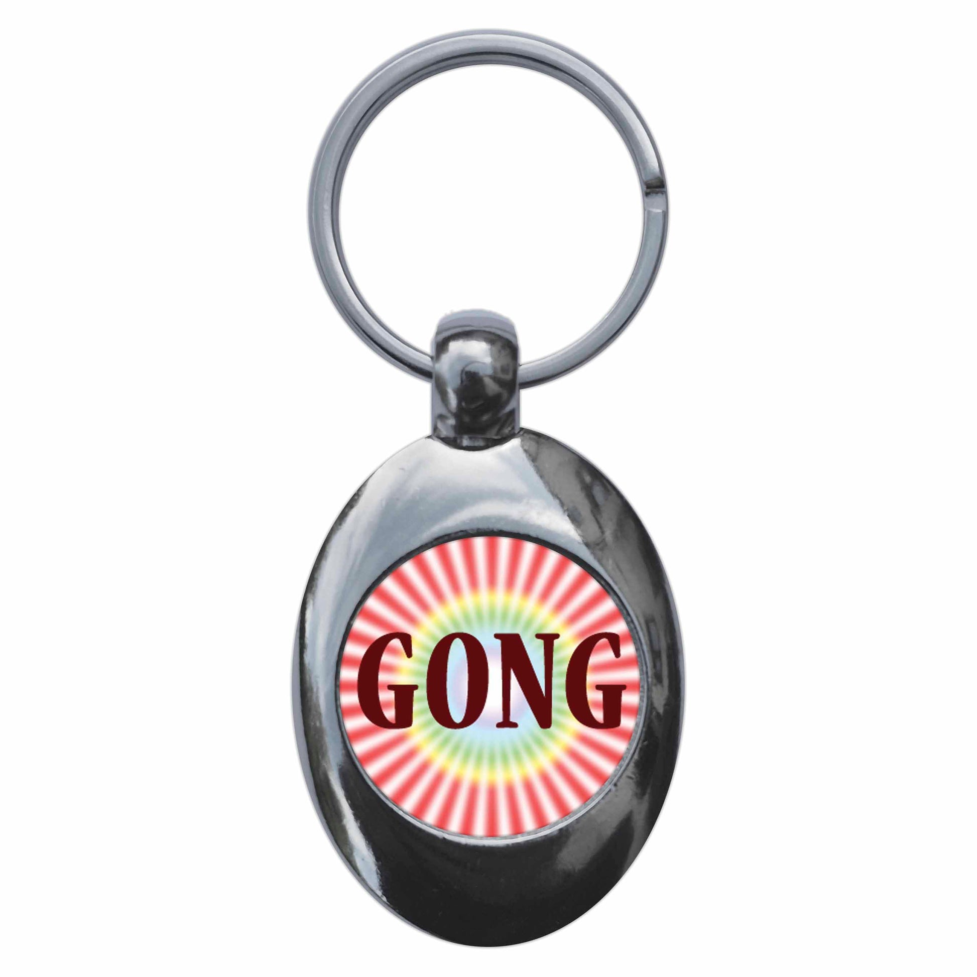 A picture of the front of the product, titled Gong Metal Keyring With Trolley Coin