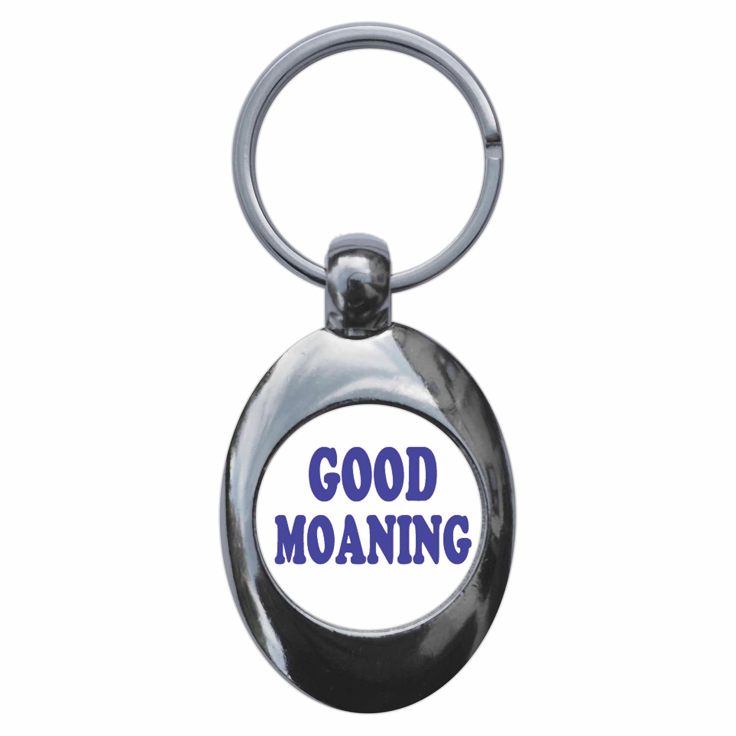 A picture of the front of the product, titled Good Moaning Metal Keyring With Trolley Coin