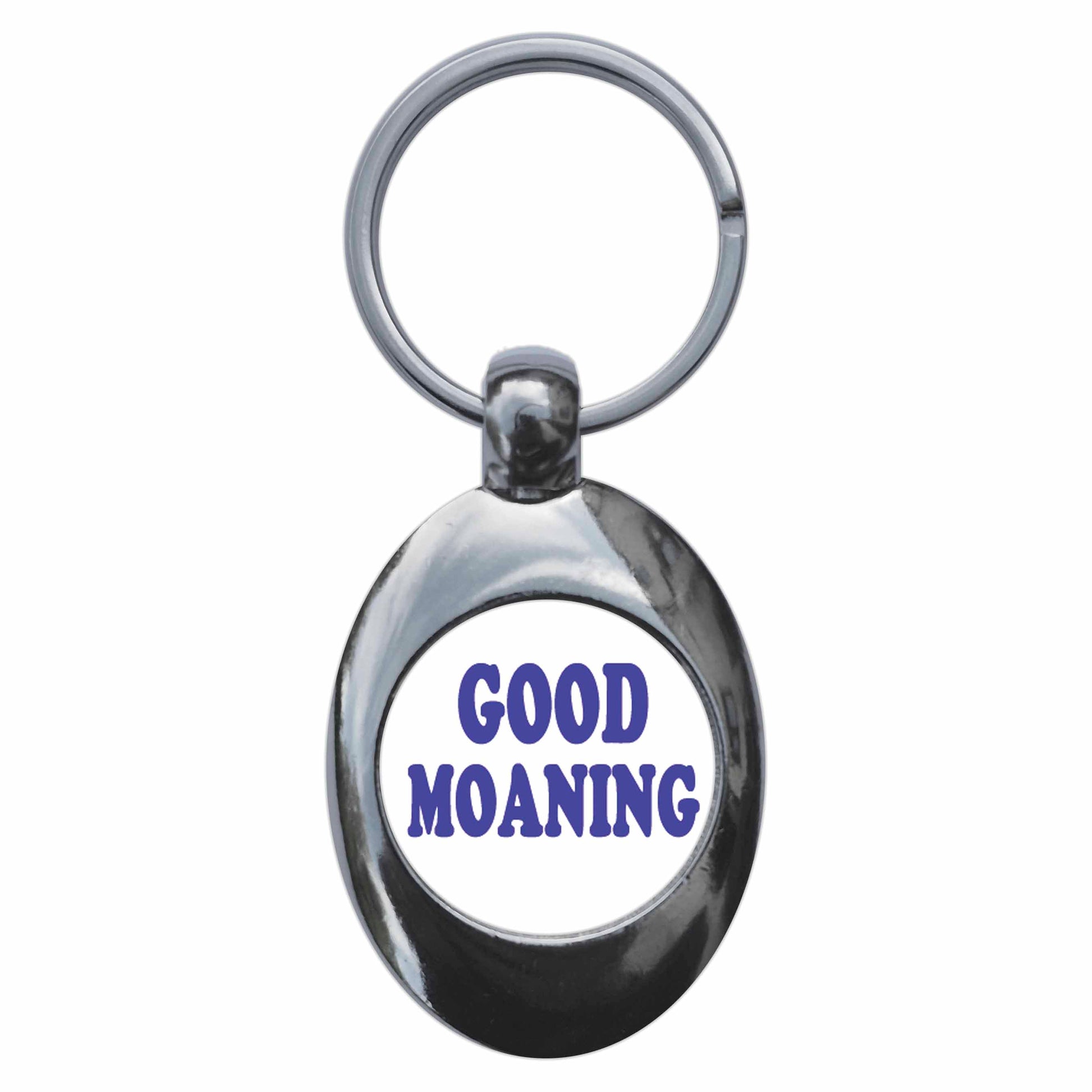 A picture of the front of the product, titled Good Moaning Metal Keyring With Trolley Coin