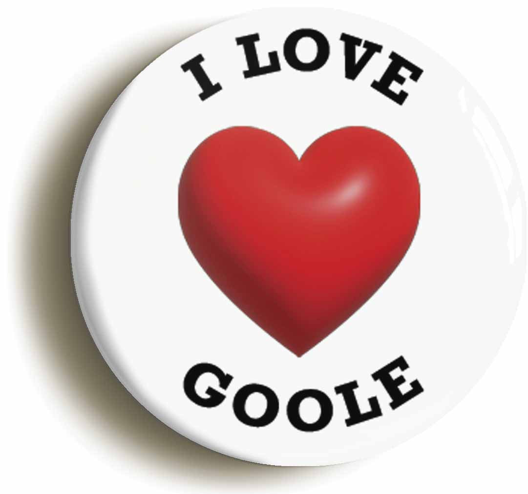 A picture of the front of the product, titled I Heart Love Goole Location Button Pin Badge