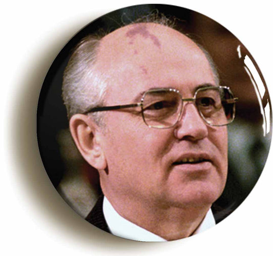 A picture of the front of the product, titled Mikhail Gorbachev Eighties Soviet Union USSR Russia Button Pin Badge