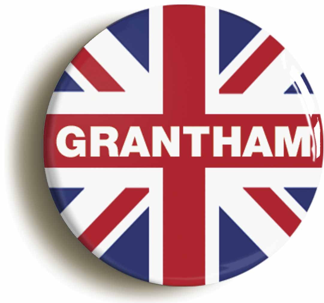 A picture of the front of the product, titled Grantham Union Jack Circular 50mm Fridge Magnet