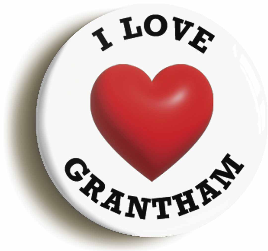 A picture of the front of the product, titled I Heart Love Grantham Location Circular 50mm Fridge Magnet