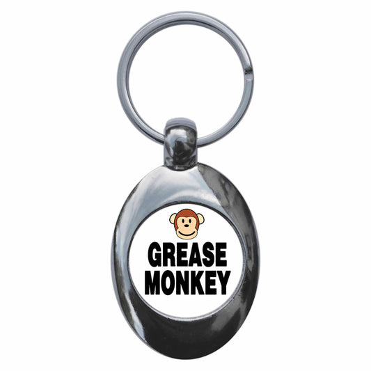A picture of the front of the product, titled Grease Monkey Metal Keyring With Trolley Coin