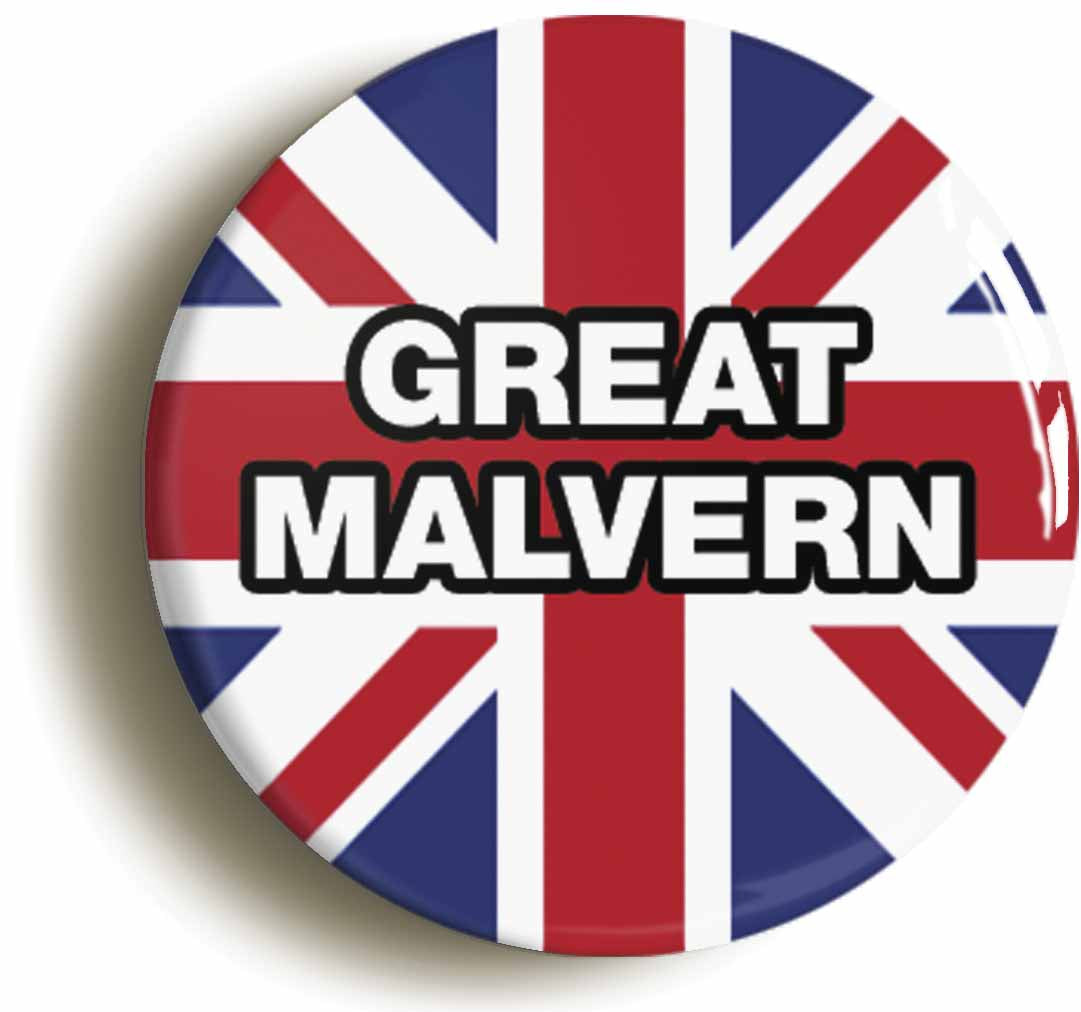 A picture of the front of the product, titled Great Malvern Union Jack Button Pin Badge