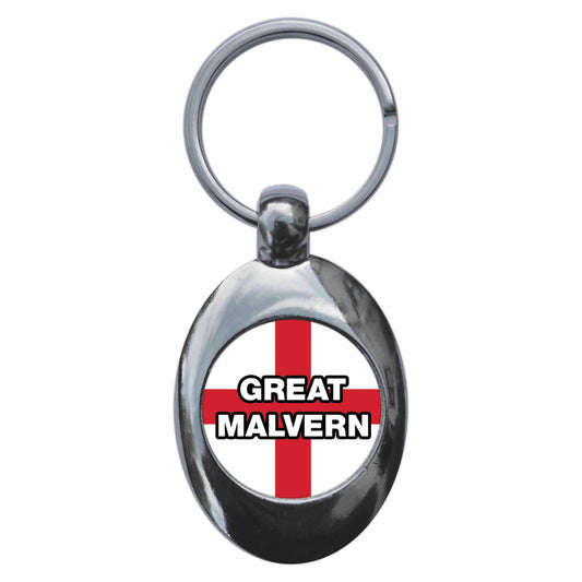 A picture of the front of the product, titled Great Malvern England Flag Metal Keyring With Trolley Coin