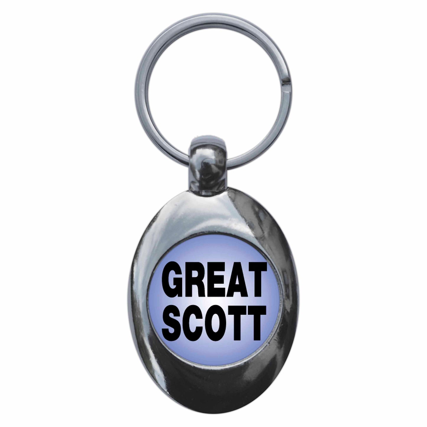 A picture of the front of the product, titled Great Scott Metal Keyring With Trolley Coin