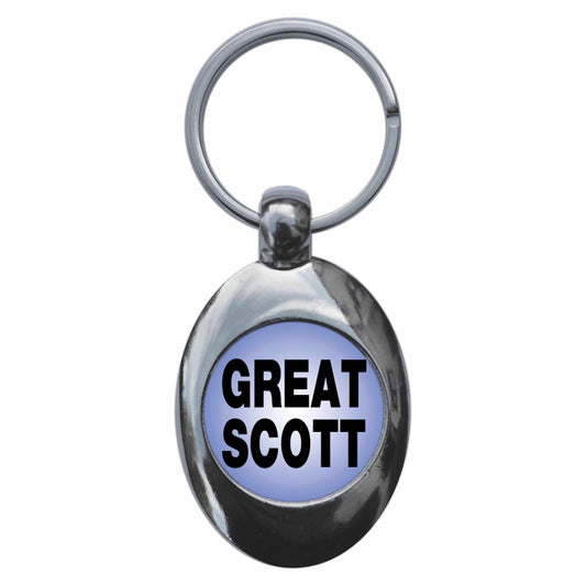 A picture of the front of the product, titled Great Scott Metal Keyring With Trolley Coin