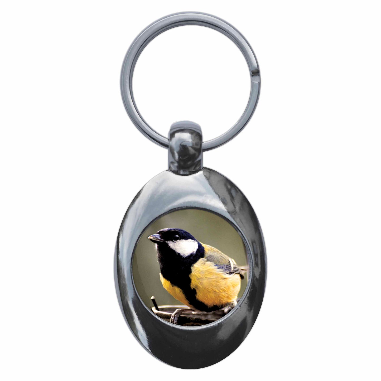 A picture of the front of the product, titled Great Tit Metal Keyring With Trolley Coin