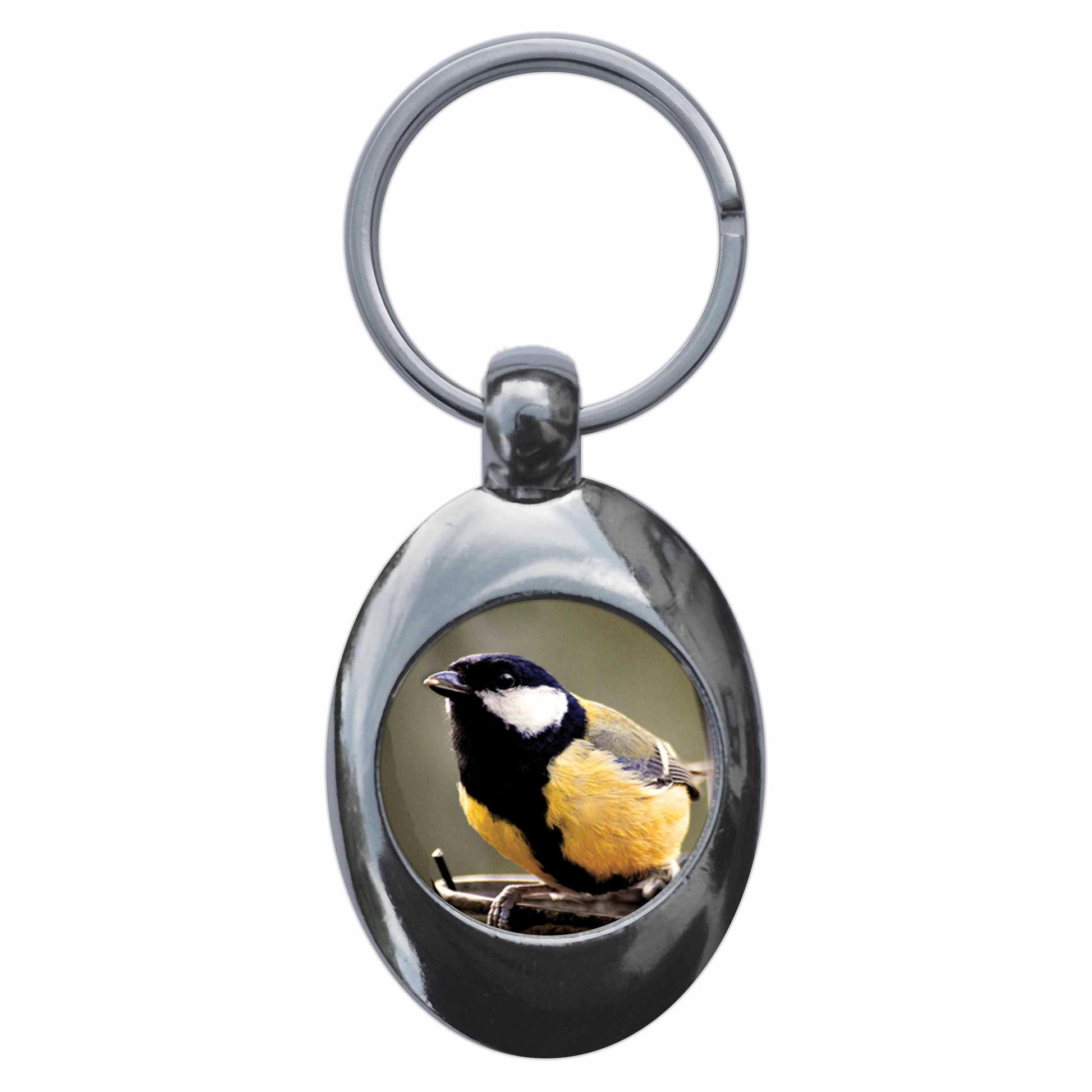A picture of the front of the product, titled Great Tit Metal Keyring With Trolley Coin