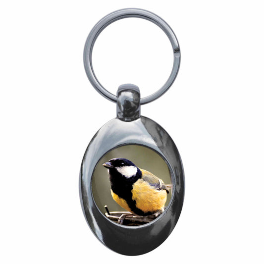 A picture of the front of the product, titled Great Tit Metal Keyring With Trolley Coin