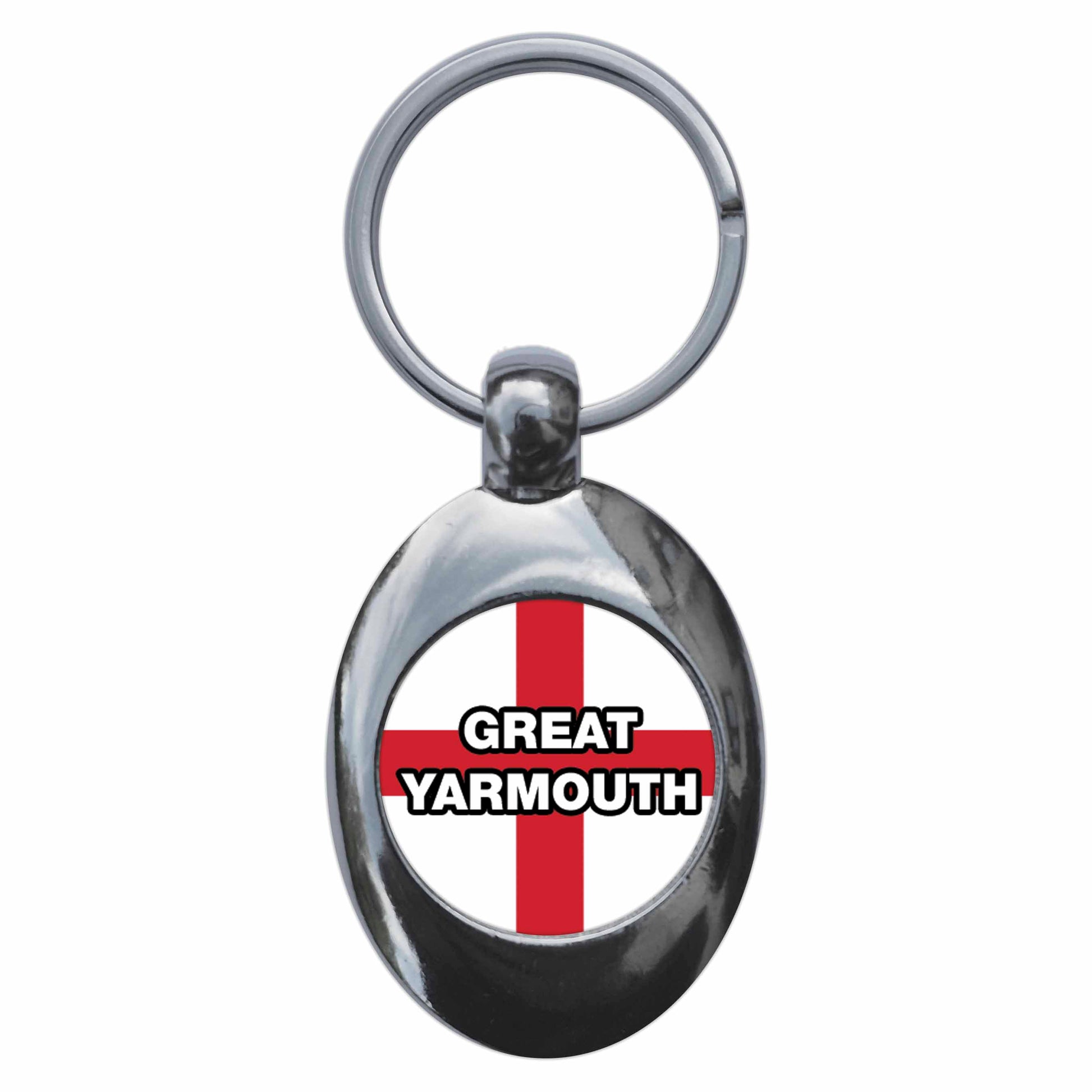 A picture of the front of the product, titled Great Yarmouth England Flag Metal Keyring With Trolley Coin