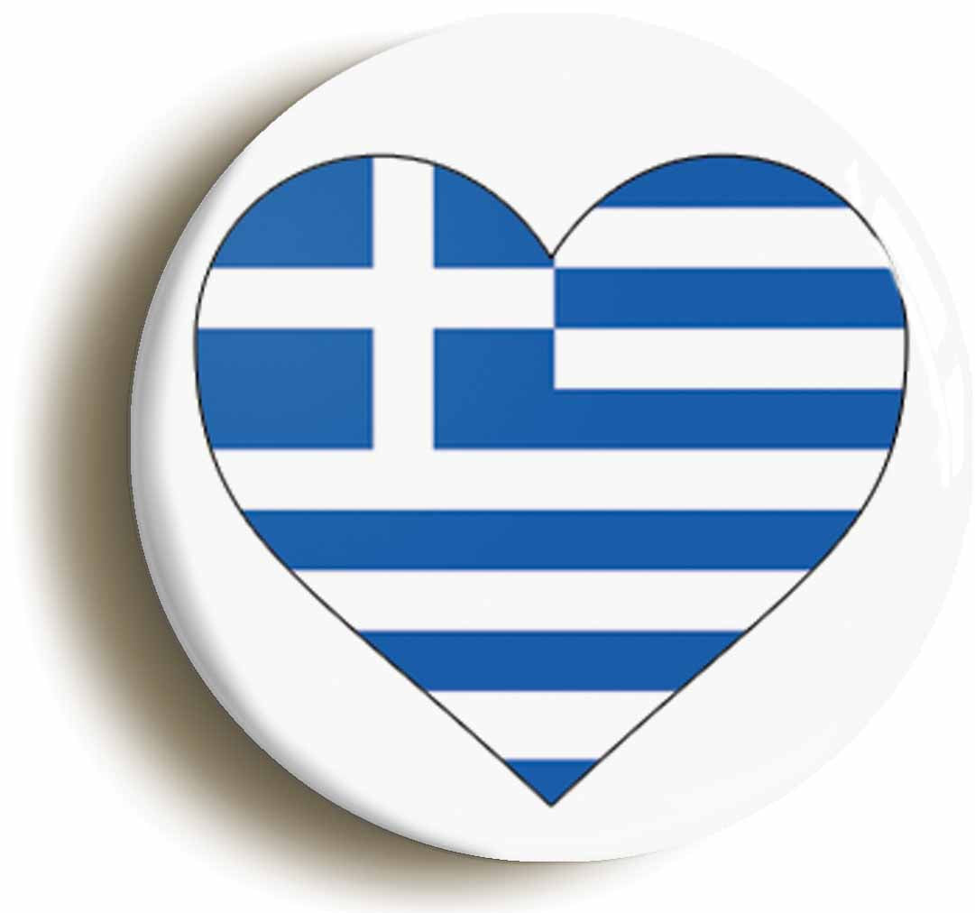 A picture of the front of the product, titled Greece Greek Flag Heart Button Pin Badge