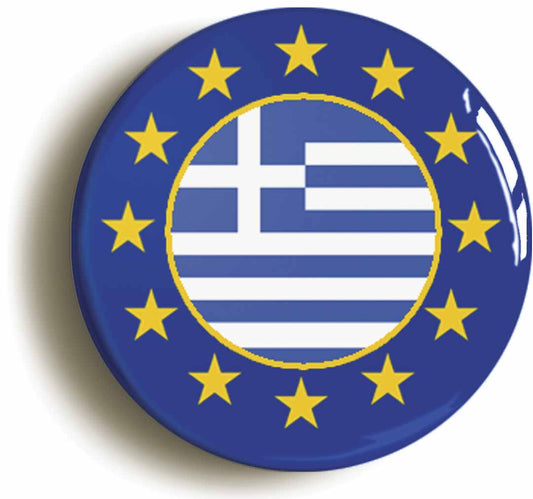 A picture of the front of the product, titled Greece European Union Split Flag Button Pin Badge