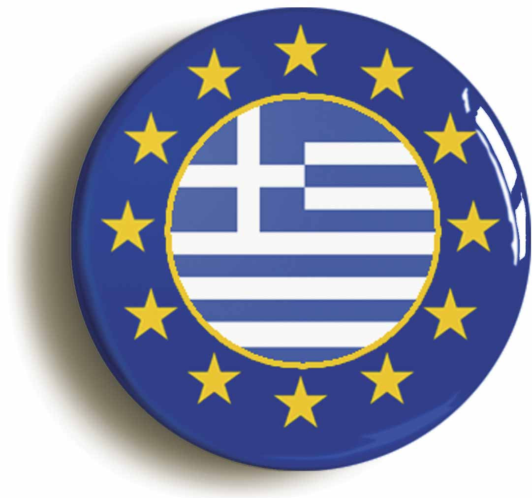 A picture of the front of the product, titled Greece European Union Split Flag Circular 50mm Fridge Magnet
