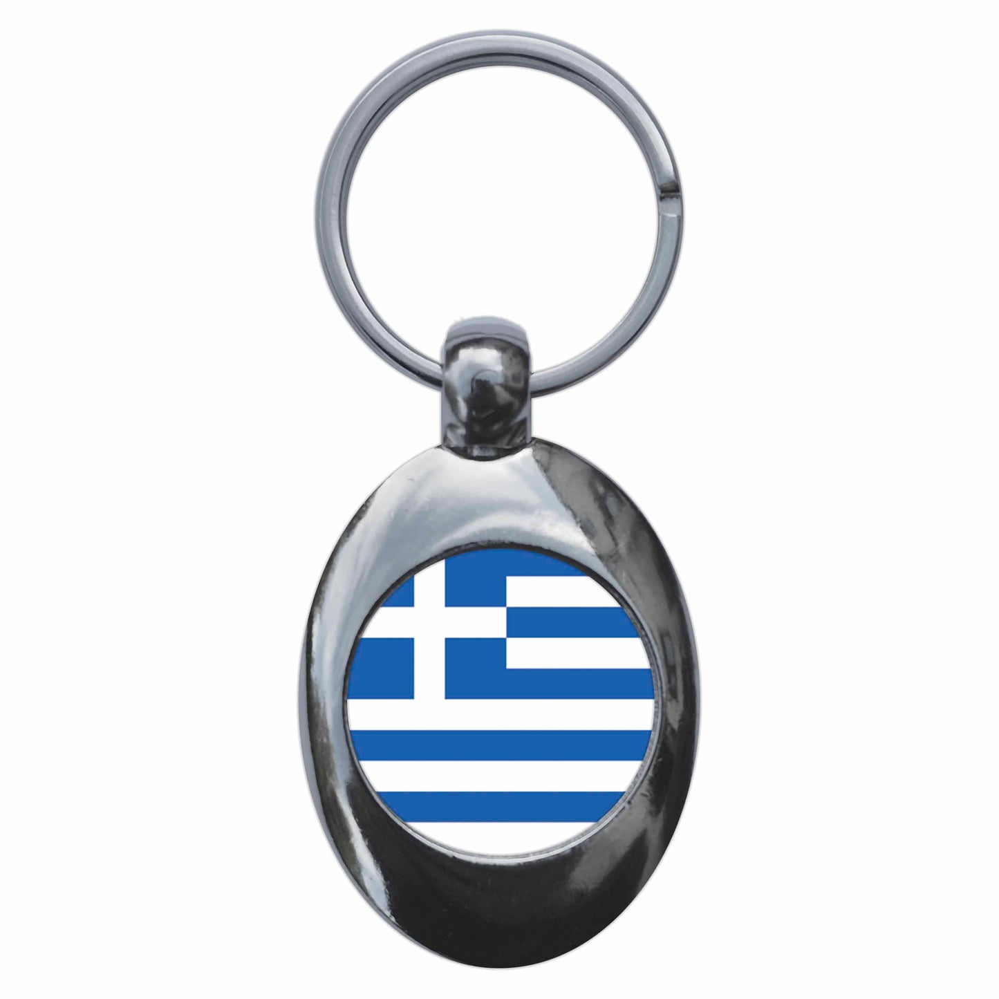 A picture of the front of the product, titled Greece Greek National Flag Metal Keyring With Trolley Coin