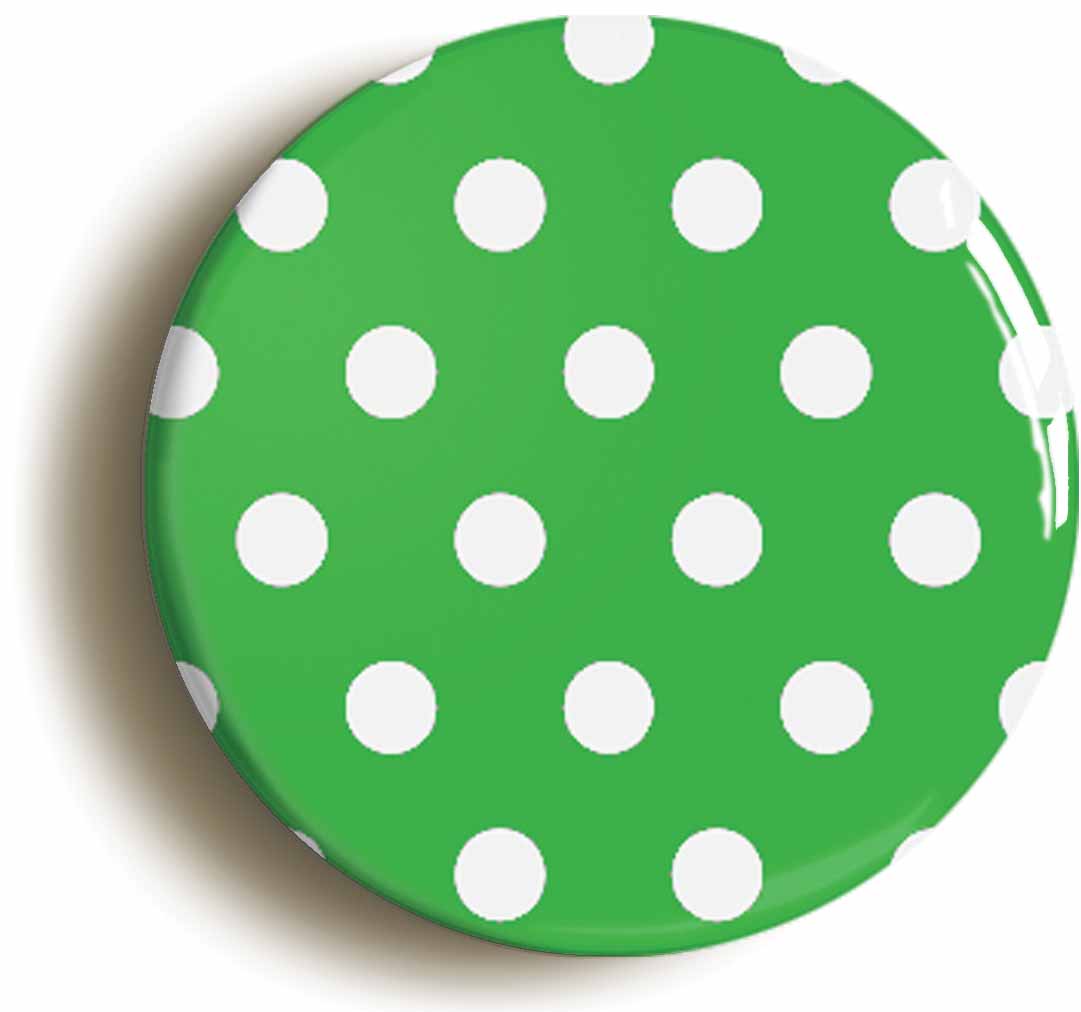 A picture of the front of the product, titled Polka Dot Pattern On Green Button Pin Badge
