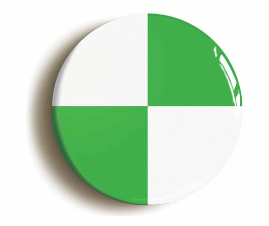 A picture of the front of the product, titled Green And White Quarters Flag Button Pin Badge