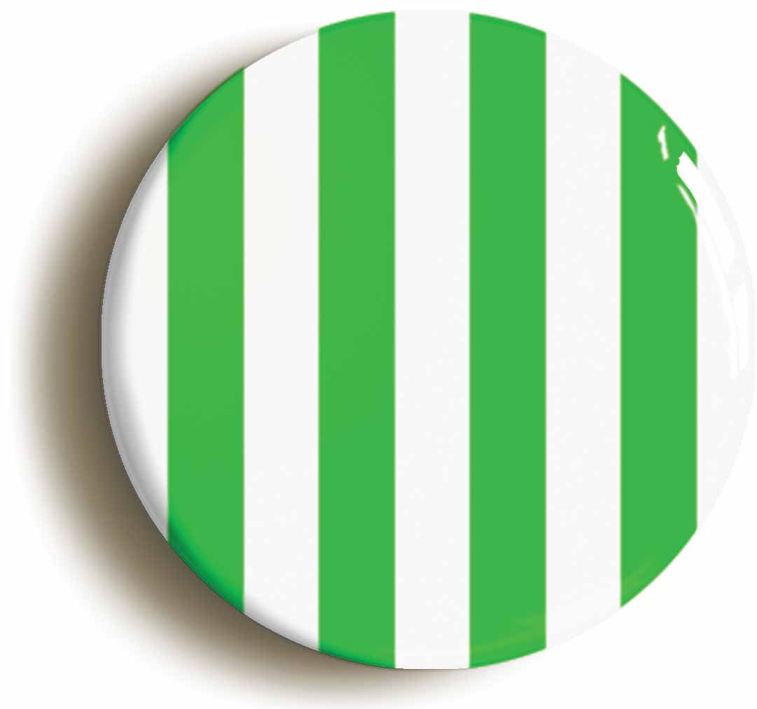 A picture of the front of the product, titled Green And White Striped Button Pin Badge