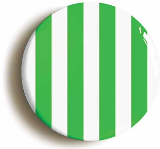 A picture of the front of the product, titled Green And White Striped Button Pin Badge